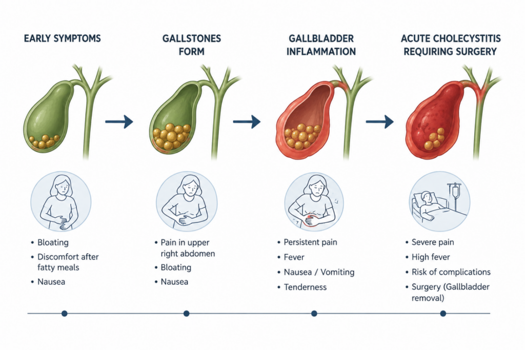gallstone disease progression diagram symptoms acute cholecystitis laparoscopic surgery Singapore.