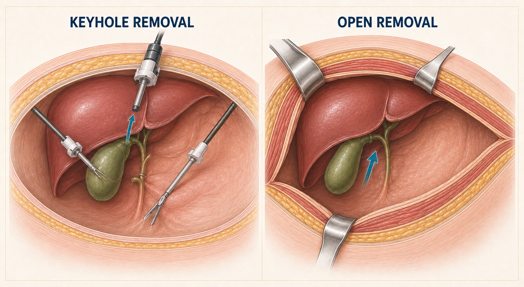 Medical illustration comparing laparoscopic keyhole gallbladder removal using small ports and surgical instruments with open gallbladder removal through a larger abdominal incision.