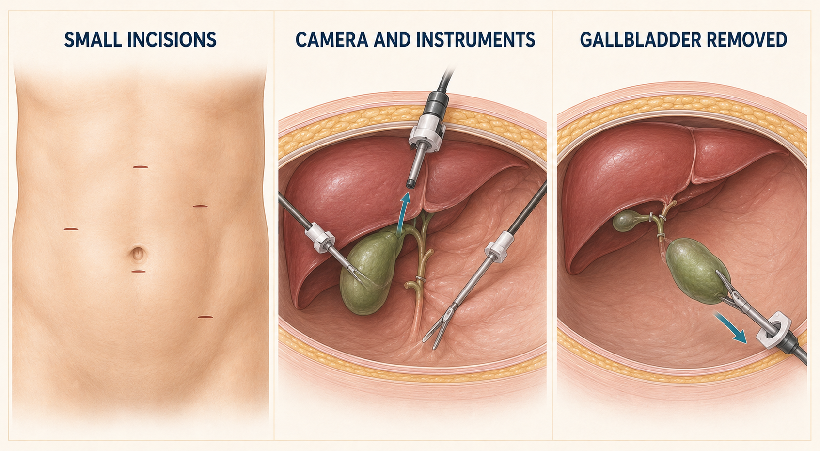 Medical illustration showing keyhole incisions, laparoscopic instruments accessing the gallbladder beneath the liver and the gallbladder being removed through a small abdominal port.