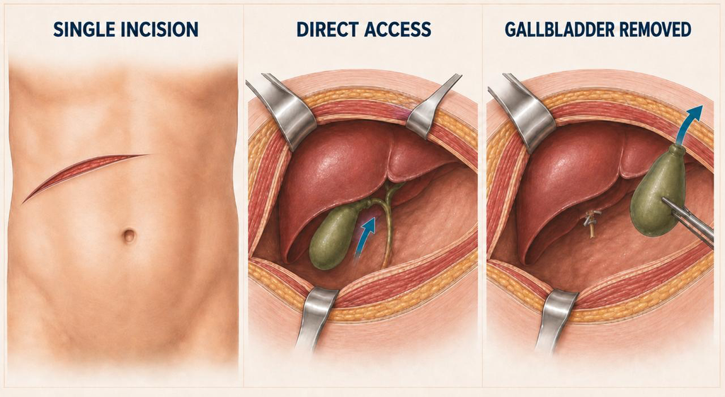 Medical illustration showing a single abdominal incision, direct surgical access to the gallbladder beneath the liver and removal of the gallbladder during open cholecystectomy.